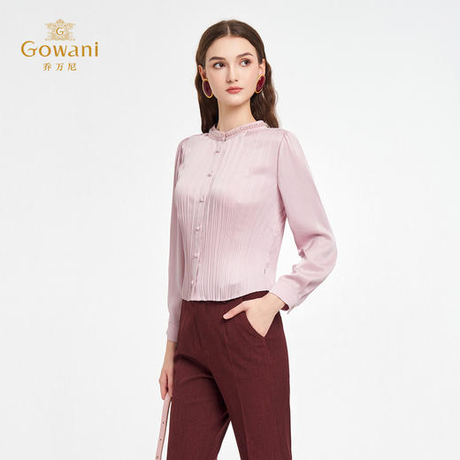 乔万尼2025秋新品浪漫华丽风压褶钉珠领口收腰衬衫ED3C298 商品图2