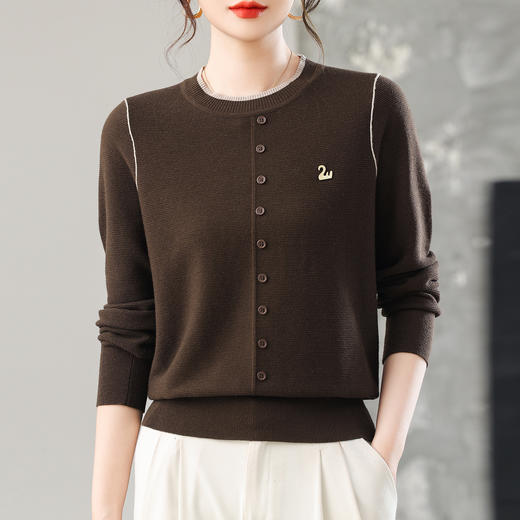 CC女士早秋薄款上衣撞色边圆领针织衫洋气秋装2025新款打底毛衣 商品图0