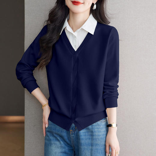 CC秋季衬衫领长袖针织t恤女2025新款气质洋气打底衫内搭假两件上衣 商品图2