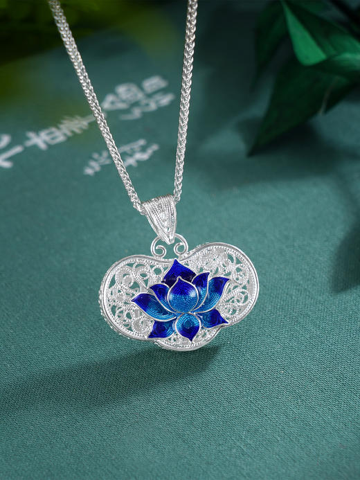 子佩集S990银【荷花福来】套链项链【MXDZ021】纯银花丝蓝色莲花荷花2509 商品图6
