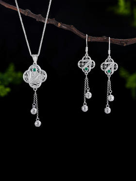 子佩集S990银【窗竹影摇】耳环【DSEH001】大师工坊原创作品花丝珐琅彩绿玉髓窗格2509