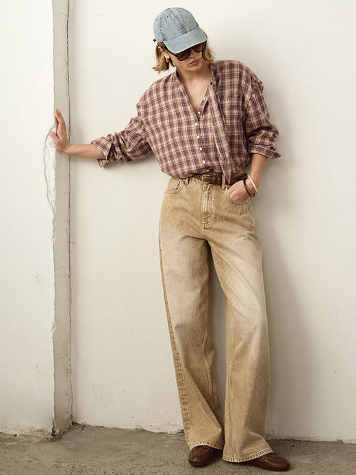 TR她热 沙棕胶片 棕黄色水洗复古做旧百搭宽松休闲直筒牛仔裤 商品图2