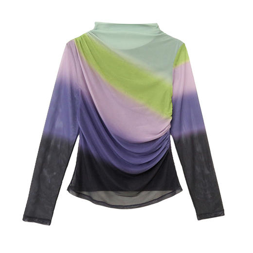 KQL2025秋冬新品晕染印花弹力时尚修显瘦网纱定位花长袖T恤 商品图4