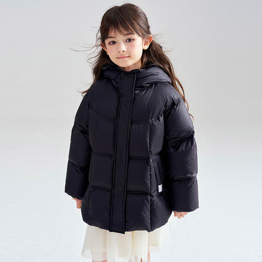 笛莎Deesha 2025冬季女童抗菌绒三防甜美木耳边连帽羽绒服 商品图1