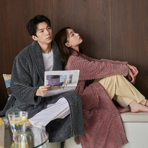芬腾睡袍情侣新款秋冬珊瑚绒女款加绒加厚中长款男士外穿浴袍晨袍 商品图3