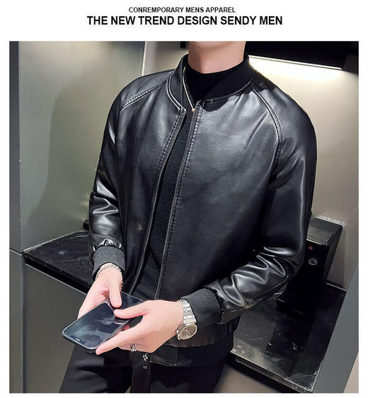 2025秋冬新款男士机车皮衣薄款开衫拉链设计工装长袖修身帅气纯色 商品图3