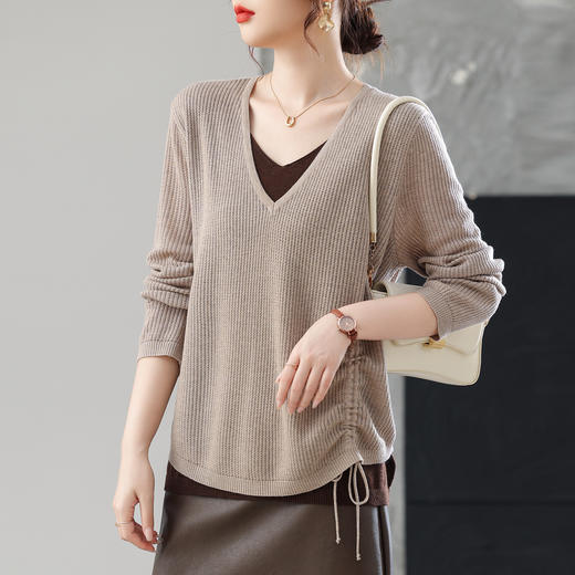 CC2025秋季新款女装美拉德撞色假两件针织衫宽松遮肚子显瘦抽绳上衣 商品图2