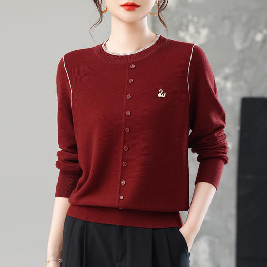 CC女士早秋薄款上衣撞色边圆领针织衫洋气秋装2025新款打底毛衣 商品图2