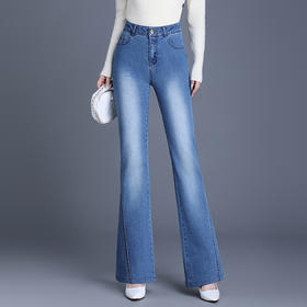 QYM 9854-Y牛仔棉裤高腰喇叭裤宽松休闲裤