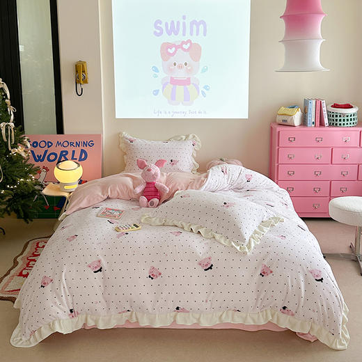 【秋冬新品】高克重保暖花边牛奶绒卡通四件套 商品图0