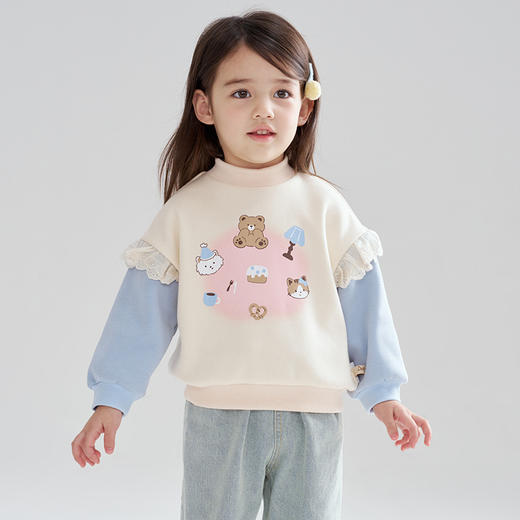 笛莎Deesha 2025冬季女童时尚甜美拼色印花半高领加绒卫衣 商品图1