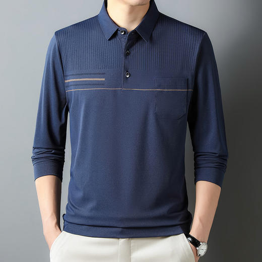 男士长袖薄款上衣打底衫中年男翻领真口袋休闲爸爸装T恤 商品图3