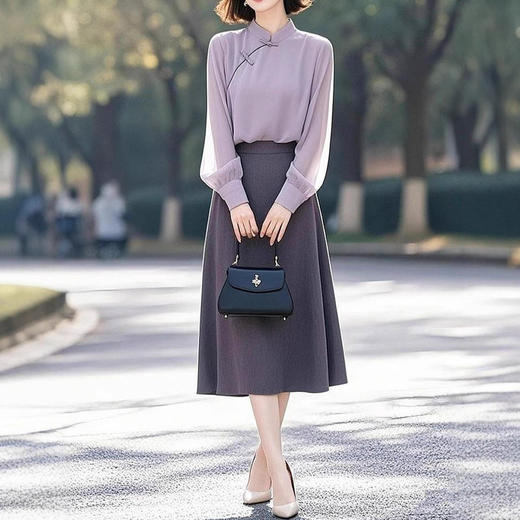 早秋穿搭漂亮独特紫色盘扣两件套装裙子G325A8167080 商品图3