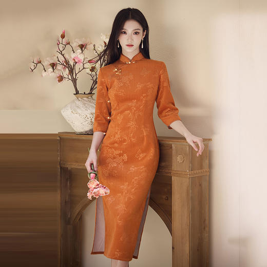 修身收腰橘黄色国风，新中式秋季改良年轻款长袖旗袍	 WZY9438 商品图3