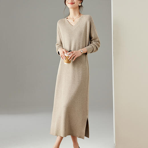HR XF5821侧开叉针织连衣裙过膝毛衣裙气质显瘦 商品图1