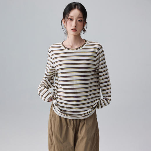 跃牌【周游世界】秋冬新款老钱风亲肤条纹运动长袖透气休闲宽松显瘦上衣TP0987 商品图2