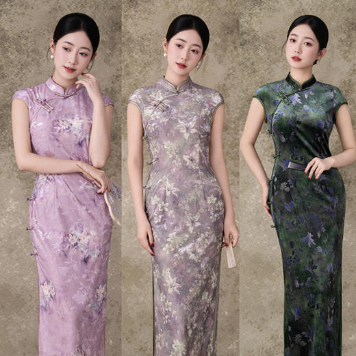 SKY 209658复古国风长款坎肩袖丝绒时尚改良修身显瘦旗袍裙 商品图0