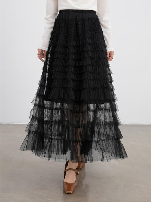 「自」全新升级【铂金会员174/天猫229/差价55】(02655)洛诗琳新款荷叶边网纱半身裙2025秋季复古流苏显瘦高腰大摆压褶A字裙 商品图0