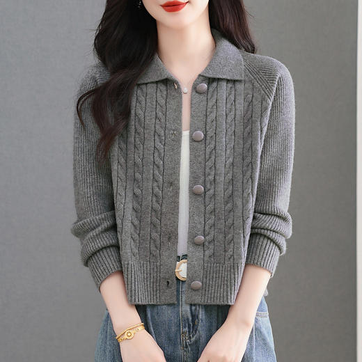 CC翻领绞花毛衣开衫外套女士春秋季2025新款气质外搭短款针织衫上衣 商品图3
