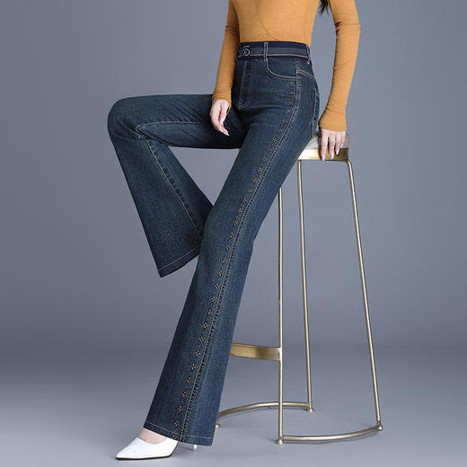 QYM 9855-Y弹力高腰刺绣花牛仔裤微喇裤宽松休闲裤 商品图1