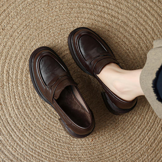 【预售5天】羊皮版~厚底高跟圆头乐福鞋女英伦一脚蹬通勤单鞋百搭粗跟小皮鞋XH&M9373 商品图1