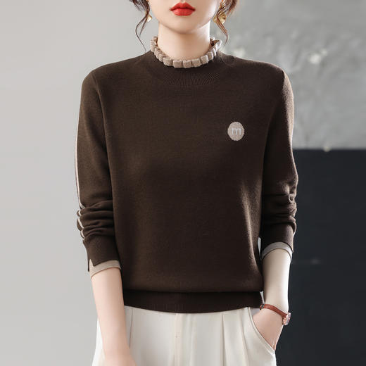 CC木耳边撞色毛衣女士秋装2025新款小立领假两件上衣洋气针织打底衫 商品图2