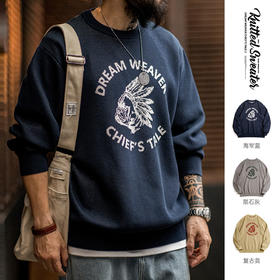 工装优选美式复古仿亚麻字母撞色毛衣阿美咔叽套头圆领针织衫男秋