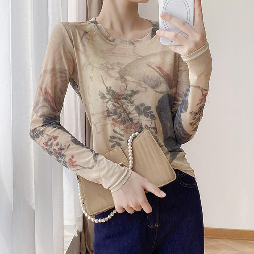 KQL欧货2025秋冬时尚纱网印花定位花长袖圆领修身显瘦洋气上衣潮 商品图1