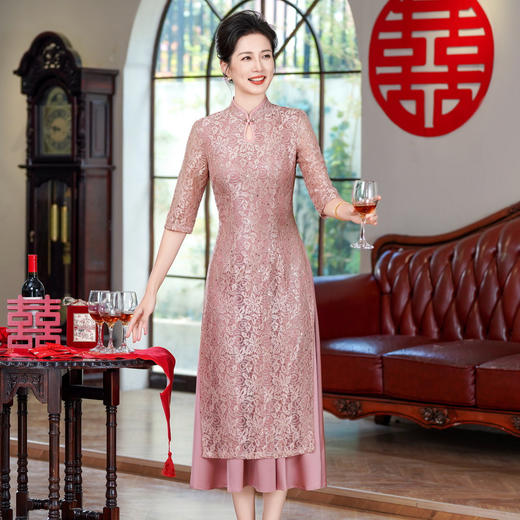 高级感旗袍连衣裙婚礼国潮婚宴装妈妈装气质中袖HYX25-271 商品图0