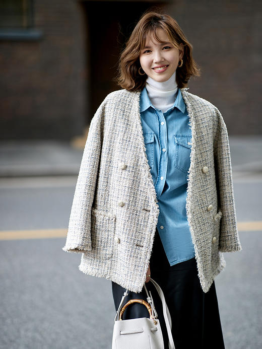 23区日系春季通勤宽松羊毛混纺双排扣格纹外套花呢上衣商场同款 商品图0