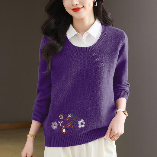 CC绣花刺绣上衣女秋冬拼接假两件毛衣2025年新款漂亮洋气减龄打底衫 商品图0