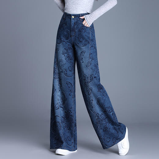 QYM 9853-Y提花牛仔阔腿裤松紧高腰直筒裤时尚气质休闲裤 商品图1