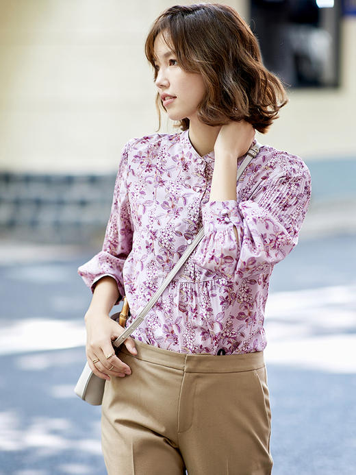 23区日系春季通勤宽松桑蚕丝混纺半开襟长袖衬衣印花衬衫商场同款 商品图1