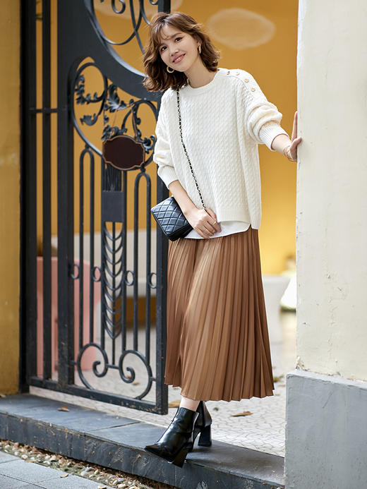 23区日系秋季通勤宽松羊毛羊绒混纺圆领套头毛衣针织毛衫商场同款 商品图1