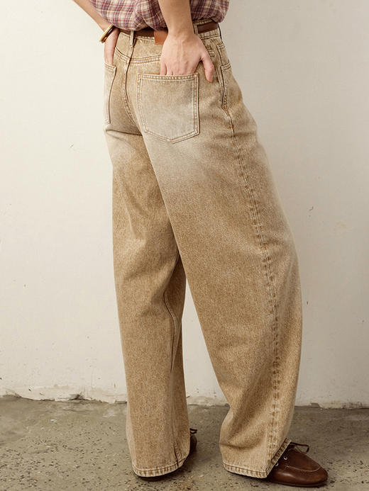 TR她热 沙棕胶片 棕黄色水洗复古做旧百搭宽松休闲直筒牛仔裤 商品图1