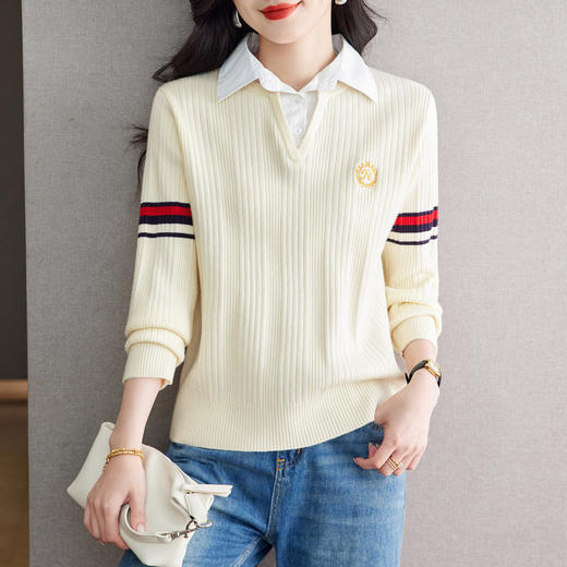 CC针织假两件上衣女秋装2025新款宽松别致漂亮小衫洋气衬衫长袖衬衣 商品图1