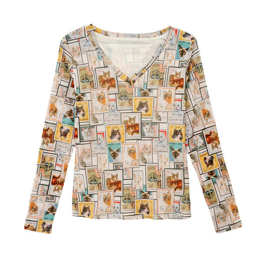 KQL欧货女装2025秋冬时尚洋气高弹网长袖印花V领T恤打底衫上衣批发 商品图4