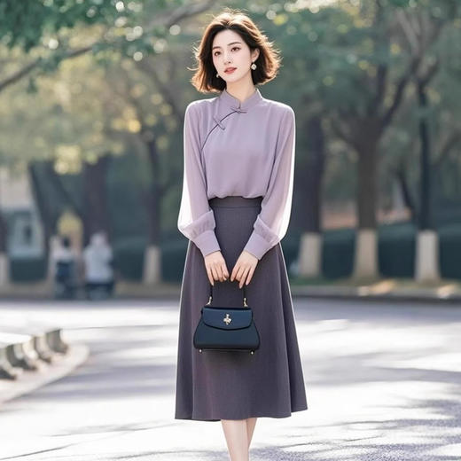 早秋穿搭漂亮独特紫色盘扣两件套装裙子G325A8167080 商品图1