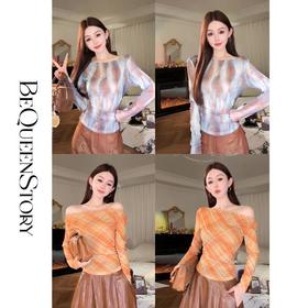 余潇潇【自由画报】时尚复古拼接褶皱遮盖小肚腩一字肩修身上衣