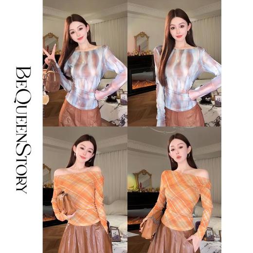 余潇潇【自由画报】时尚复古拼接褶皱遮盖小肚腩一字肩修身上衣 商品图0