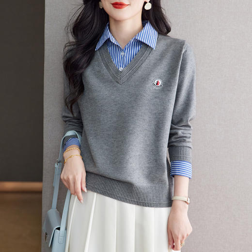 CC时尚洋气衬衣领假两件毛衣女2025年春秋新款针织设计感撞色打底衫 商品图2