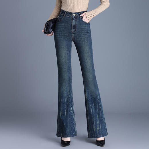 QYM 9852-Y高腰微喇裤时尚气质优雅修身牛仔裤喇叭裤 商品图0