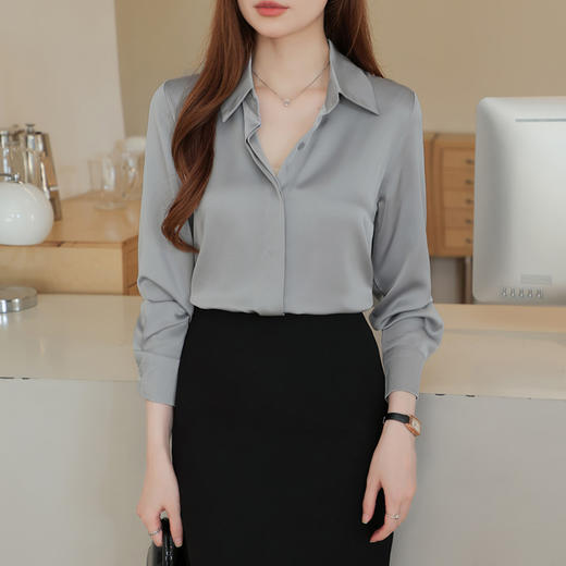 KQL2025醋酸缎面白色衬衫女士长袖秋装通勤职业衬衣气质打底上衣 商品图2