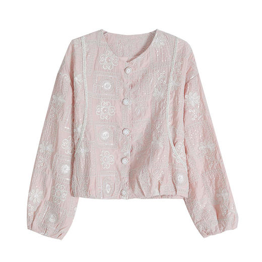 KQL2025年秋新款高级感重工别致提花轻国风绣花亮片圆领短款宽松外套 商品图4