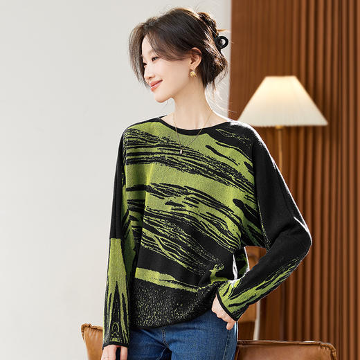 条纹圆领毛衣，宽松慵懒套头针织衫CC-JDS-3052 商品图1