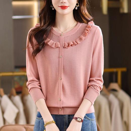 CC圆领木耳边针织衫女春秋新款 浅绿色短款套头温柔风外穿打底毛衣 商品图1