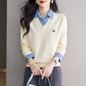 CC时尚洋气衬衣领假两件毛衣女2025年春秋新款针织设计感撞色打底衫