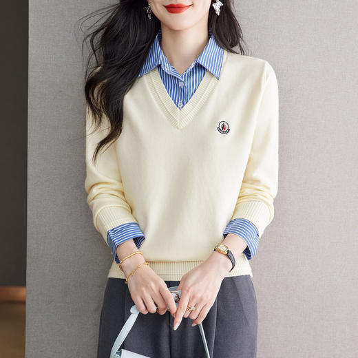CC时尚洋气衬衣领假两件毛衣女2025年春秋新款针织设计感撞色打底衫 商品图0