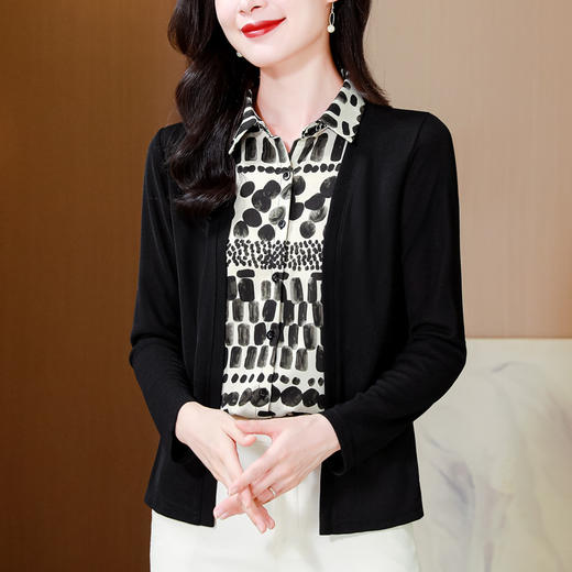 KQL2025秋季时尚假两件开衫针织小衫女洋气显瘦长袖衬衫上衣 商品图0