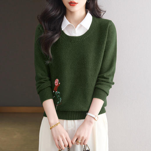 CC衬衫领假两件长袖t恤女装2025新款秋季打底衫女内搭洋气针织上衣 商品图0